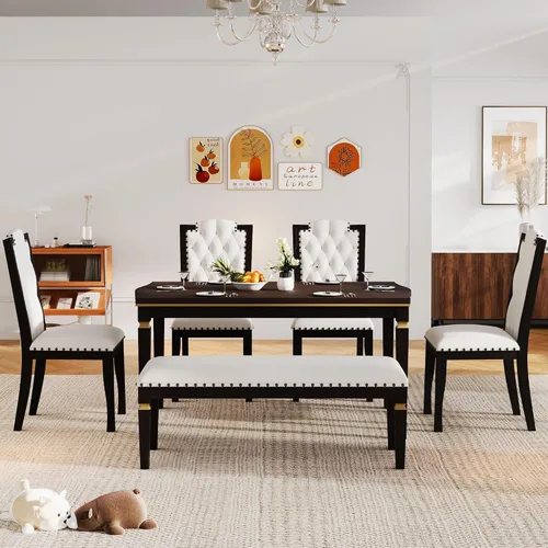 Vista 143 de Juego de mesa de comedor vintage de 6 piezas, juego de mesa de comedor de cocina de madera maciza con 4 sillas ergonómicas acolchadas y banco, mesa