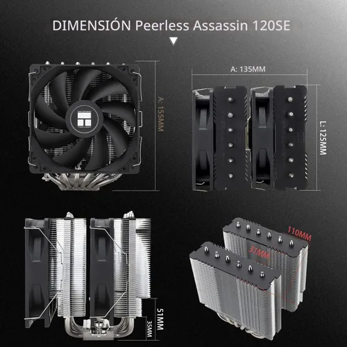 Vista 7 de Enfriador de CPU Thermalright Peerless Assassin 120 SE, 6 tubos de calor tecnología AGHP, ventiladores PWM duales de 120 mm, velocidad de 1550 RPM