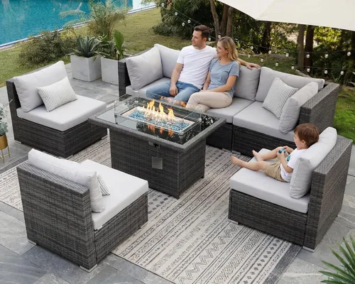 Vista 115 de NICESOUL Juego de muebles de patio de ratán extra grande con mesa para fogata de gas y propano, 29.3 pulgadas, respaldo alto, cómodos conversaciones