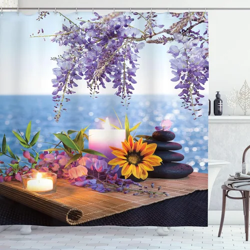 Vista 56 de set de cortina para baño decorativa de tela de poliéster con ganchos