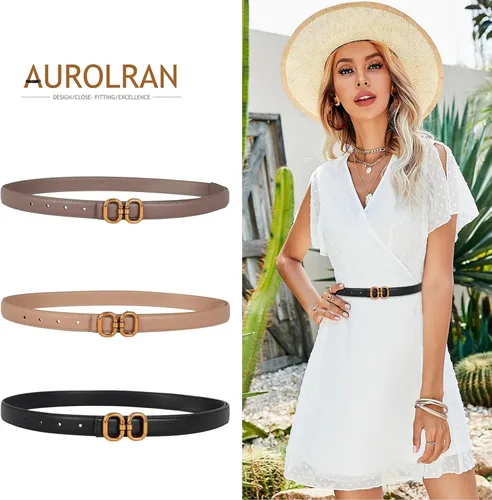 Vista 335 de Cinturón de cuero clásico con hebilla de metal para mujer con vestido de jeans