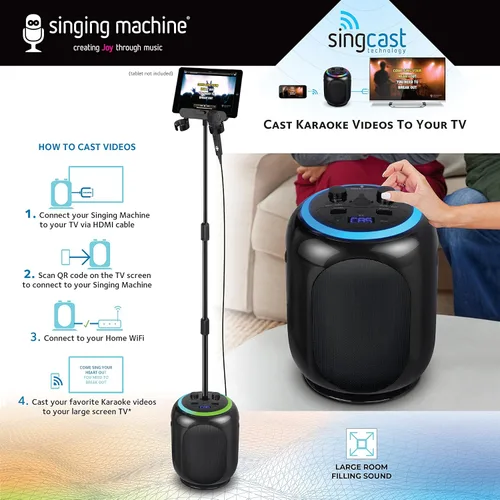 Vista 2 de Singing Machine SingCast MAX - Máquina de karaoke con Bluetooth y video casting, altavoz de fiesta, micrófono, 22 efectos de voz, corrección