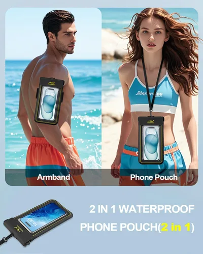 Vista 2 de Funda impermeable 2 en 1 para teléfono y brazalete para teléfono, funda impermeable subacuática para teléfono con correa desmontable, bolsas