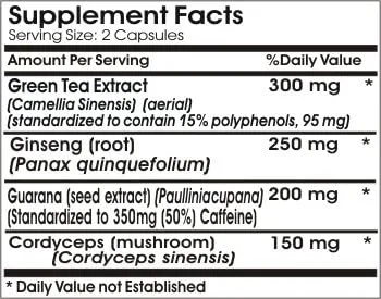 Vista 2 de Energy Stamina Max Plus con Cordyceps Té Verde Ginseng Guaraná ~ 180 Cápsulas - Sin Aditivos ~ Naturetition Supplements