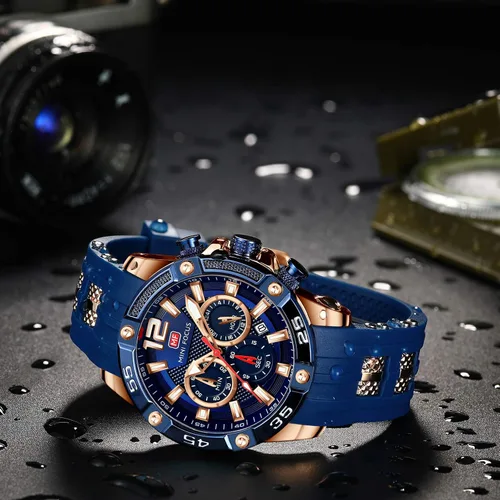 Vista 4 de MINIFOCUS - Reloj de pulsera analógico de cuarzo con esfera grande, correa de silicona azul, calendario, fecha, calendario