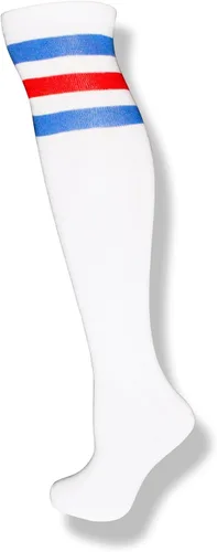 Vista 9 de NEON NATION Calcetines de tubo unisex blancos hasta la rodilla con varias rayas de colores Blanco con rayas azules bebé