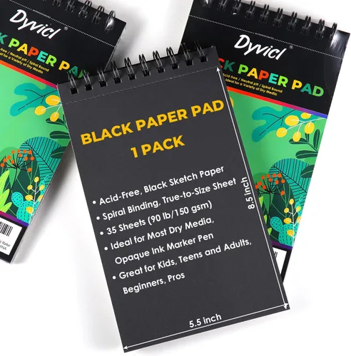 Vista 2 de Dyvicl Cuaderno de bocetos profesional de papel negro de 5.5 x 8.5 pulgadas, 35 hojas de papel de dibujo pesado de 150 GSM para bolígrafos de gel