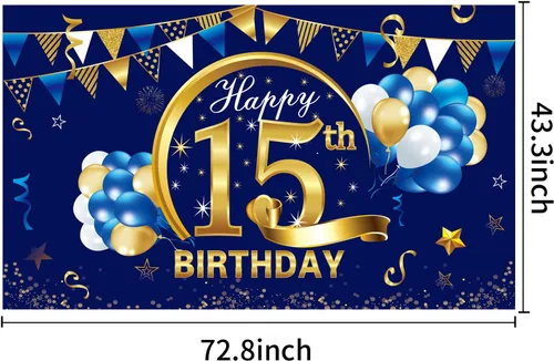 Vista 2 de Cartel de cumpleaños número 15 azul dorado para niños, suministros de fiesta de telón de fondo, letrero de fondo para fotos de cumpleaños de 15 años
