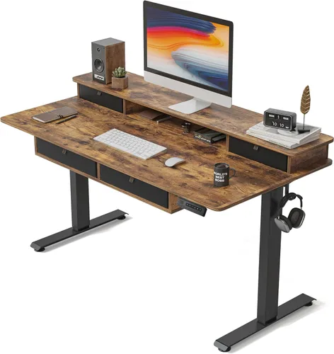 Vista 15 de FEZIBO Escritorio de pie de 48 x 24 pulgadas con altura ajustable, escritorio eléctrico de pie con doble cajón, escritorio de oficina en casa con 4