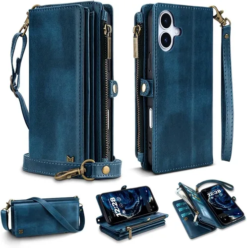 Vista 18 de Funda tipo cartera para iPhone 16 Pro Max con 8 tarjeteros, bloqueo RFID, piel sintética, función atril, abatible, correa de muñeca y correa