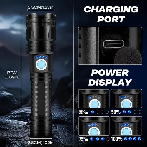 Vista 6 de Linternas recargables de alto lúmenes, paquete de 2, luz de flash súper brillante con 5 modos, IPX7 impermeable potente linterna LED para el hogar