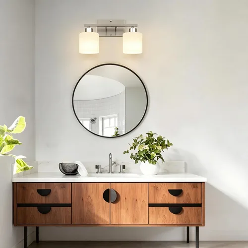 Vista 6 de CANMEIJIA - Lámparas de tocador de baño de 2 luces, níquel cepillado