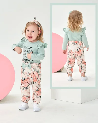 Vista 2 de SUNNY PIGGY Ropa para bebé recién nacida, con volantes, mameluco de algodón floral, conjunto de pantalones de algodón para niñas