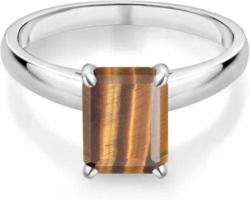Vista 2 de Gem Stone King Anillo de oro blanco de 10 quilates de ojo de tigre marrón de corte esmeralda de 2.00 quilates