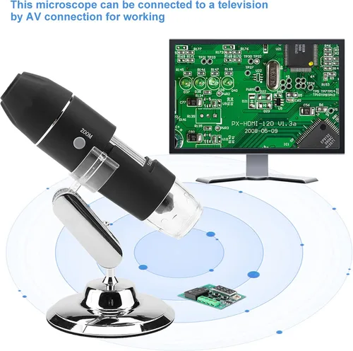 Vista 8 de Microscopio digital, microscopio electrónico digital de mano Walfront Lupa 1000X 8 LED Soporte de observación ajustable, salida AV analógica para TV