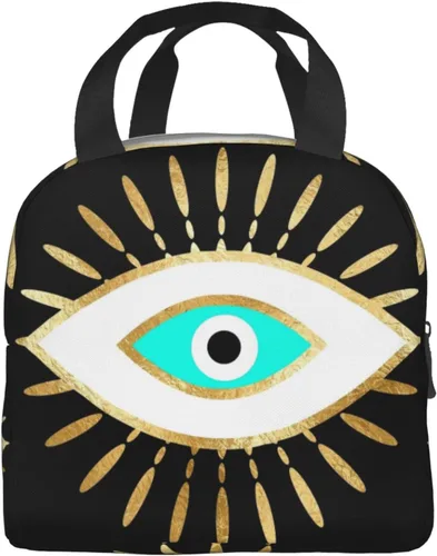 Vista 3 de Hamsa - Bolsa de almuerzo aislada con estampado de ojo malvado de ojo dorado para mujeres y hombres, reutilizable, duradera, impermeable, bolsa