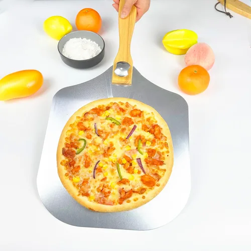 Vista 2 de KLAQQED Pala de pizza de 12 x 14 pulgadas, espátula de pizza con mango de madera plegable, herramientas de aluminio para hacer accesorios