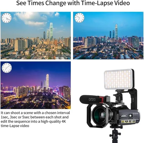 Vista 3 de ORDRO Cámara de video UHD 4K IR visión nocturna Vlogging Cámara para YouTube Grabadora de zoom digital con micrófono, lente gran angular, luz