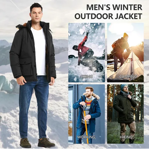 Vista 6 de Men's Winter Thicken Coat Warm Faux Fur Lined Padded Puffer Parka Jacket with Removable Hood