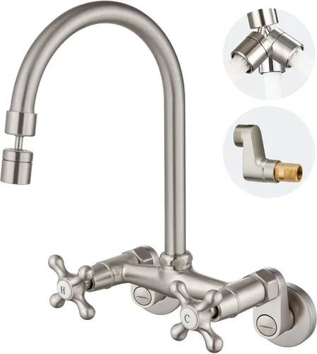 Vista 10 de Airuida Grifo de cocina de montaje en pared con rociador, grifo de fregadero de cocina montado en la pared, manijas dobles cruzadas, boquilla