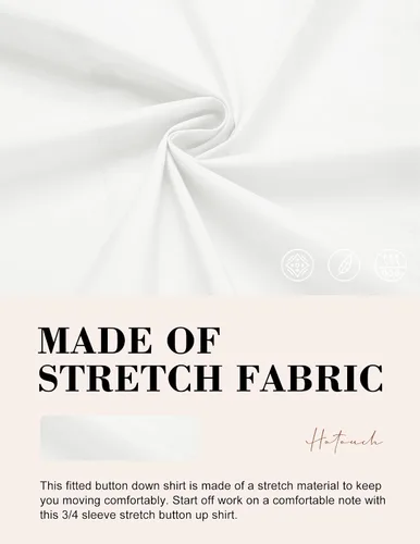 Vista 5 de HOTOUCH Camisas básicas con botones para mujer, manga 34, elásticas, con botones, camisa de vestir ajustada para camarera
