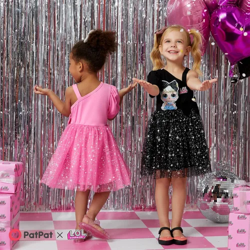Vista 3 de L.O.L. Surprise! Vestido escalonado para niñas, estampado de figura en capas, un hombro, vestido casual fluido, talla 6-12