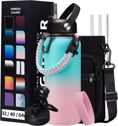 Vista 28 de Botella de agua aislada de 1 galón, con popote y tapa de pico automático, mango de paracord, funda para botella, botella de agua de acero inoxidable