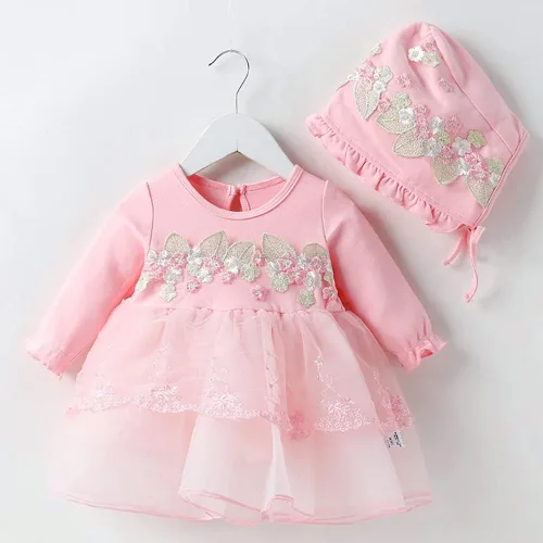 Vista 2 de Vestido de bautizo suave para bebé recién nacido, para Navidad, cumpleaños, Navidad, cumpleaños, con estampado de flores, con gorro