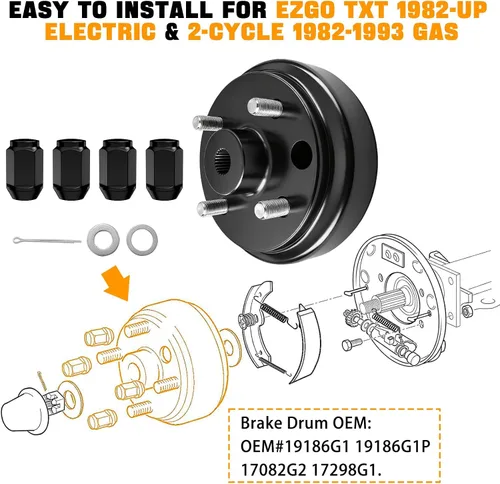 Vista 6 de EZGO - Conjunto de cubo de tambor de freno con tuercas para EZGO TXT PDS 1982 en adelante eléctrico y 1982-1993 2 ciclos de gas de 2 ciclos 24