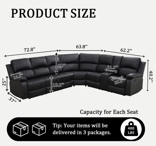 Vista 2 de Juego de sofá modular reclinable manual para sala de estar, sofá reclinable en forma de L, seccional de cuero con portavasos/almacenamiento