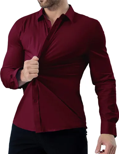 Vista 5 de ZAFUL Camisas de vestir elásticas y ajustadas para hombre, de manga larga, con botones, casual, de algodón