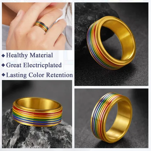Vista 36 de FaithHeart Anillos para ansiedad LGBT Pride Rainbow, acero inoxidable/chapado en oro de 18 quilates, joyería de amor es amor para hombres y mujeres