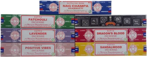 Vista 4 de Set de regalo de incienso Satya Nag Champa, Super hit, Dragon's Blood, Sandalwood, Patchouli, Lavender, Positive Vibes 15 g x 7 paquetes