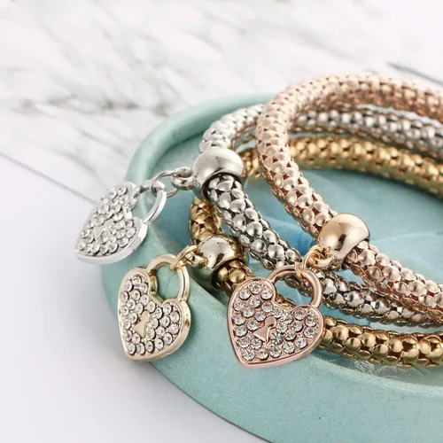 Vista 2 de Rrdaily 3 pulseras de árbol de la vida de oroplataoro rosa, pulsera elástica de cristal multicapa para mujer