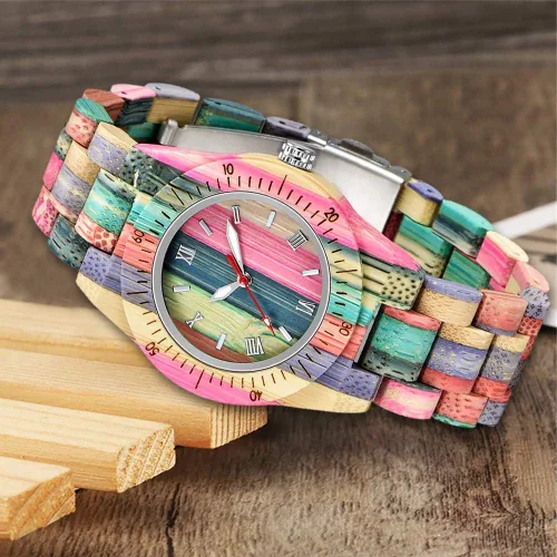 Vista 5 de Tiong Reloj de madera para mujer con correa de madera, cuarzo analógico, diseño clásico, colorido reloj de pulsera de bambú para damas, parejas..