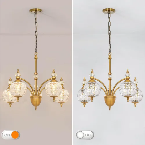 Vista 5 de Candelabro vintage de latón – Lámpara de comedor de altura ajustable con vidrio soplado hecho a mano – Base E26 de 5 luces, ideal para cocina