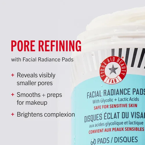 Vista 4 de First Aid Beauty - Almohadillas de Radiancia Facial con Ácidos Glicólico y Láctico, Almohadillas Exfoliantes Diarias con AHA, Poros Visiblemente Más