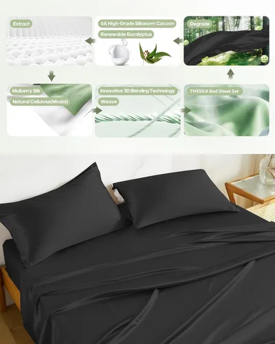Vista 4 de Juego de sábanas de seda THXSILK 3 piezas, juego de sábanas tamaño Twin XL, sábanas frescas y transpirables con 1 sábana encimera, 1 sábana bajera