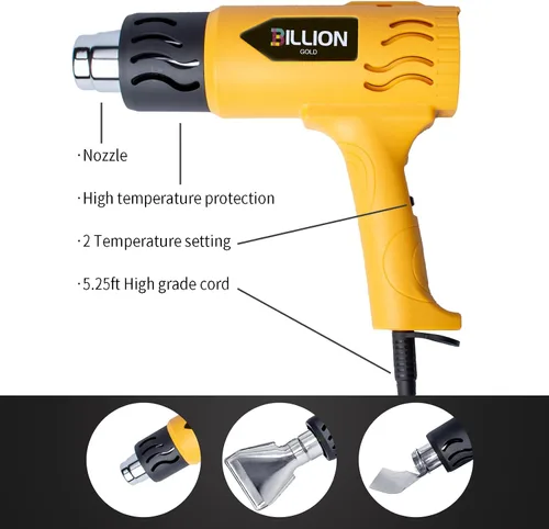Vista 4 de Pistola de calor, pistola de aire caliente BILLION GOLD de 1800 W, 752 ℉ a 1112 ℉ con 2 ajustes de temperatura, pistola de calor para manualidades