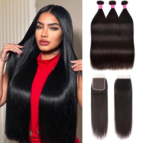 Vista 7 de Manojos lisos de cabello humano, 4 manojos de cabello humano liso de 18, 20, 22, 24 pulgadas, 100% sin procesar, extensiones de cabello virgen Negro