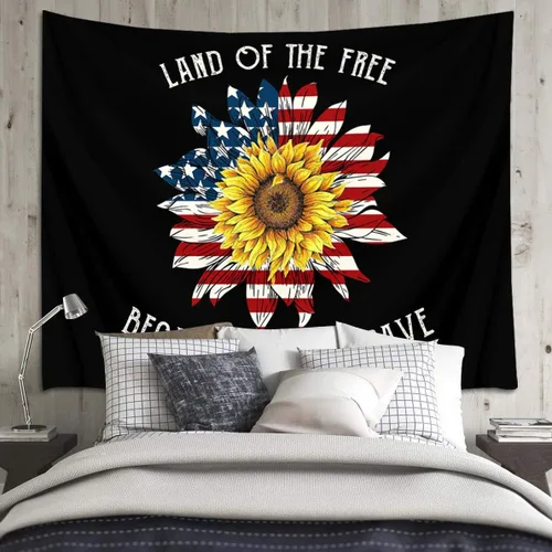 Vista 2 de LB Tapiz de bandera estadounidense de girasoles, tapiz con cita inspiradora, tapiz para colgar en la pared, tapiz floral negro y amarillo, tapices