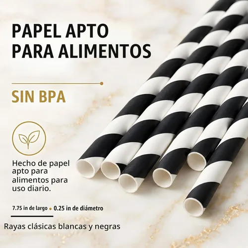Vista 3 de ALINK 100 Black Striped Paper Straws, 7.75 in Black and White Straws Rayas negras