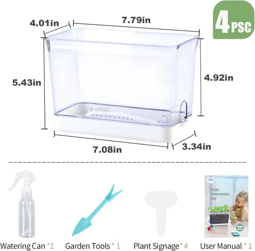 Vista 6 de Oliz Macetas de autorriego – Paquete de 4 macetas rectangulares transparentes con agujeros de drenaje para plantas