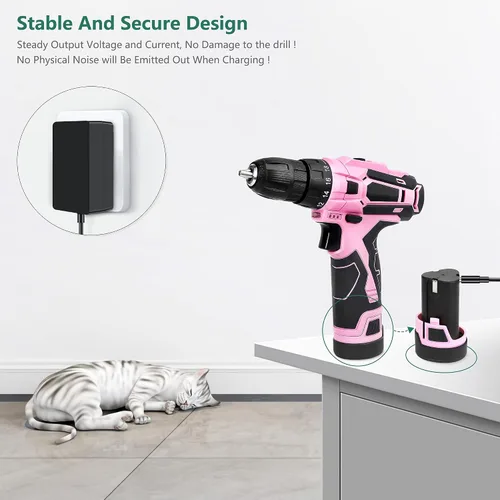 Vista 4 de Adaptador de CA con certificación UL, cargador de batería de repuesto para taladro inalámbrico rosa, kit de herramientas de destornillador eléctrico