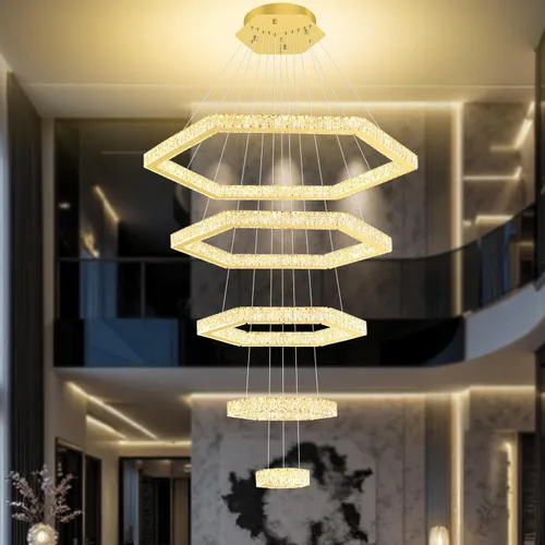 Vista 4 de Lámpara de araña moderna de 5 anillos de oro larga de cristal para techo alto, forma de altura ajustable, regulable 8 pulgadas + 16 pulgadas + 24