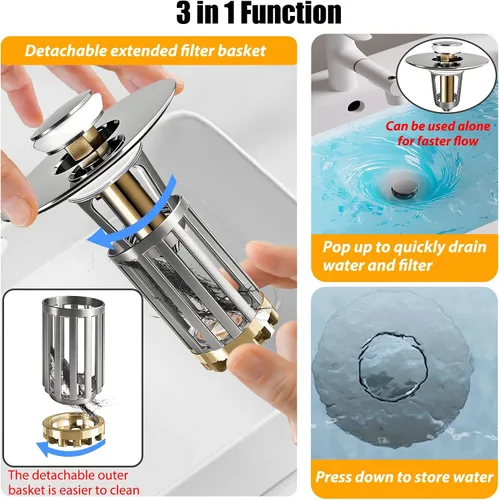 Vista 3 de Anlige Tapón de fregadero de baño desplegable 3 en 1, colador de drenaje para fregadero de baño, con cesta extraíble, cubierta universal para Níquel