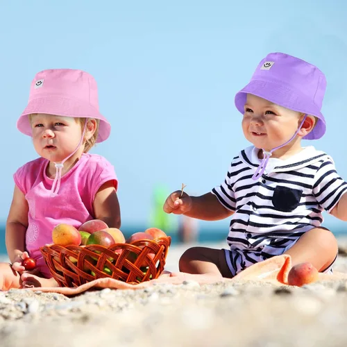 Vista 4 de Cooraby Paquete de 4 sombreros de sol para bebé, transpirable, con sonrisa, sombrero de cubo protector solar para bebé, gorra ajustable para bebé