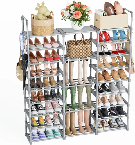 Vista 11 de Mavivegue Zapatero de metal de 9 niveles – Capacidad para 50 – 55 pares, estante de almacenamiento alto para zapatos, botas, entrada, armario, garaje