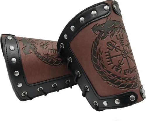 Vista 3 de JAOYU Brazaletes de cuero para hombre, armadura de brazo, brazalete de guantelete, brazaletes medievales, joyería vikinga para mujer, disfraz
