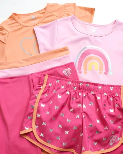 Vista 3 de Body Glove Conjunto de pantalones cortos activos para niña, camiseta de 4 piezas, camiseta sin mangas, pantalones cortos de ciclismo con leggings